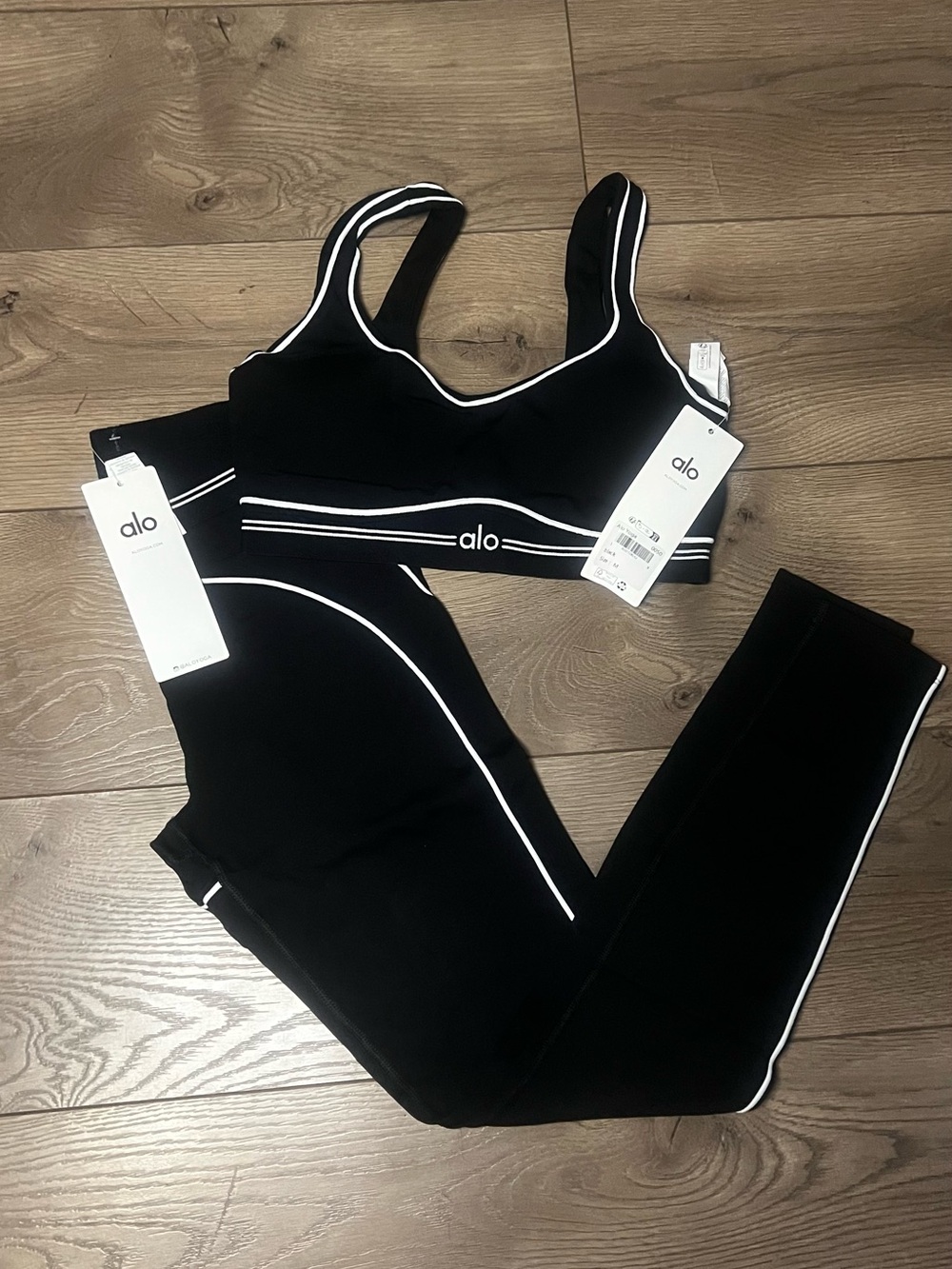 ALO Yoga Black Sports Bra & Leggings with White Piping